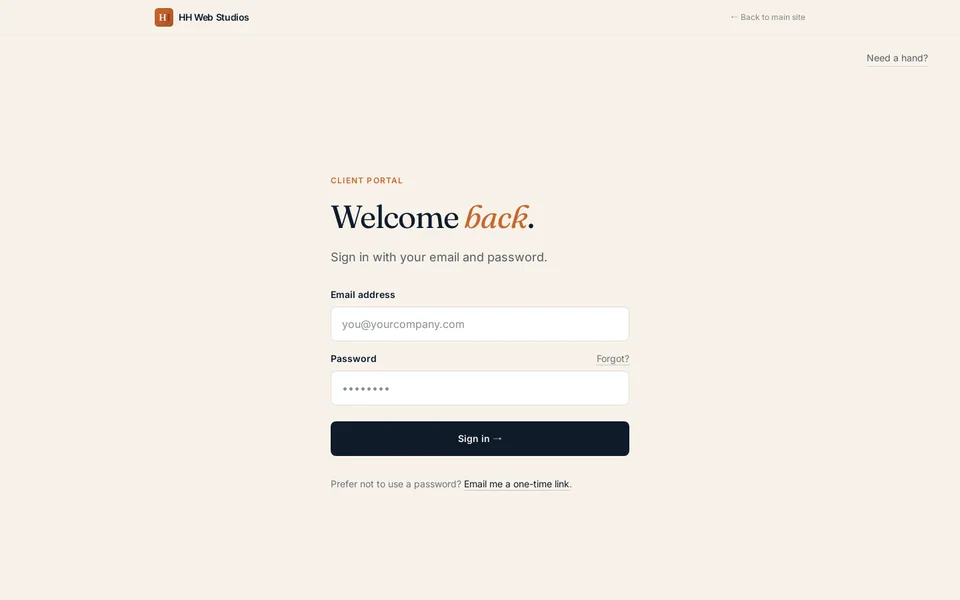The HH Web Studios client portal sign-in page