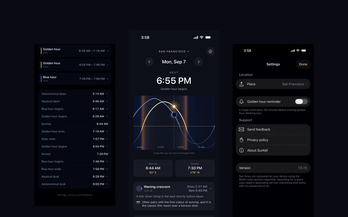 Sunfall screens showing the light timeline, sky ribbon, and settings